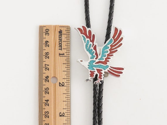 Vintage Eagle Bolo Tie, Silver Tone with Coral an… - image 2