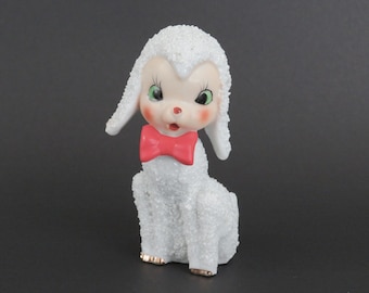 Vintage Lamb Figurine, Red Bow Tie, Sugar Textured Finish, Bisque Face, Anthropomorphic Animal, Easter Decor, Japan Lamb Figurine