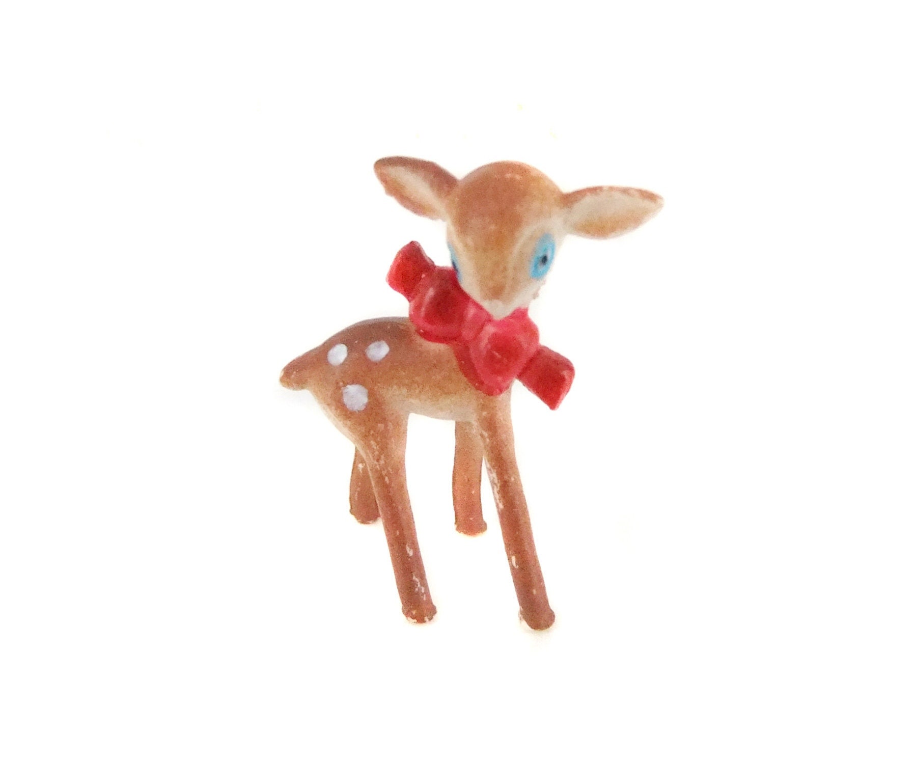 1 Tiny Plastic Deer Figurine With Red Bow Vintage Deer Etsy