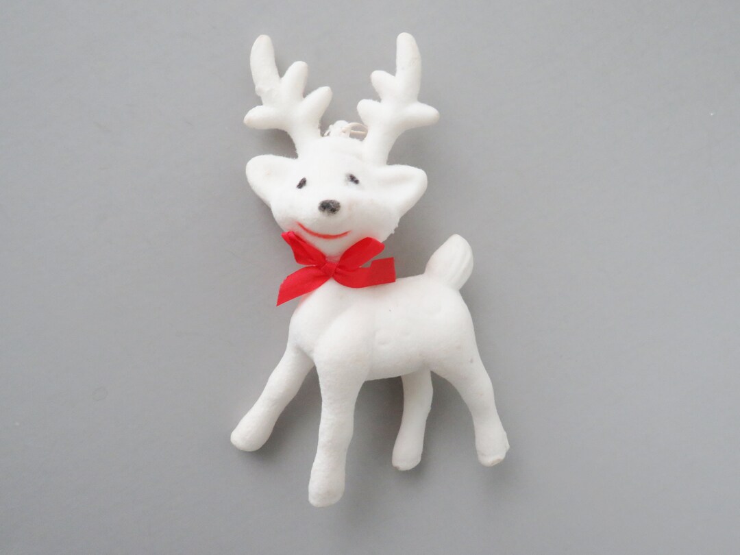 Vintage Flocked Reindeer Ornament, White Reindeer With Red Bow