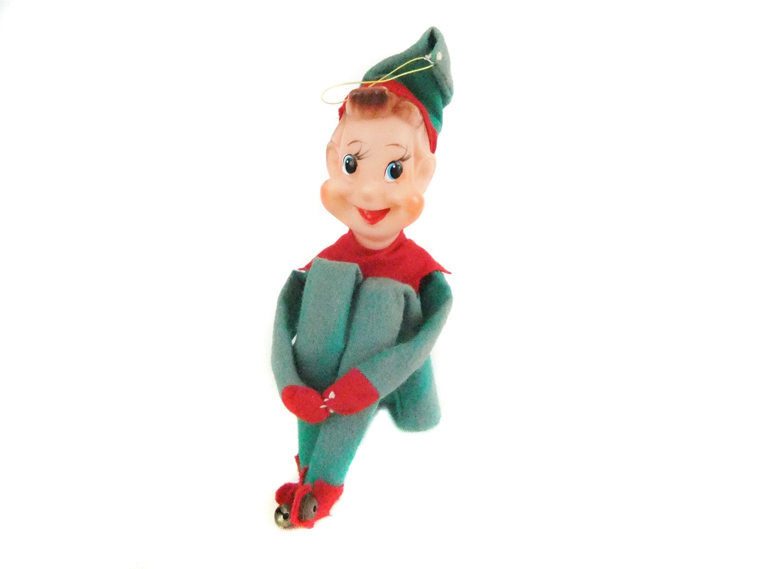 1960年代ヴィンテージクリスマスエルフ人形ニーハガーエルフで約20cm日本製 グリーンニーハガーピクシーエルフ、大型エルフシェルフシッター、緑と