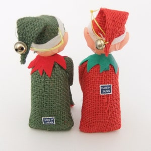 Knee Hugger Elves, Pixie Elf Shelf Sitters, Red & Green Burlap Kneehuggers one with Green Hair, Pixie Elves, Vintage 1950's Christmas Elves image 6