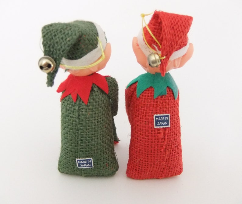 Knee Hugger Elves, Pixie Elf Shelf Sitters, Red & Green Burlap Kneehuggers one with Green Hair, Pixie Elves, Vintage 1950's Christmas Elves image 6