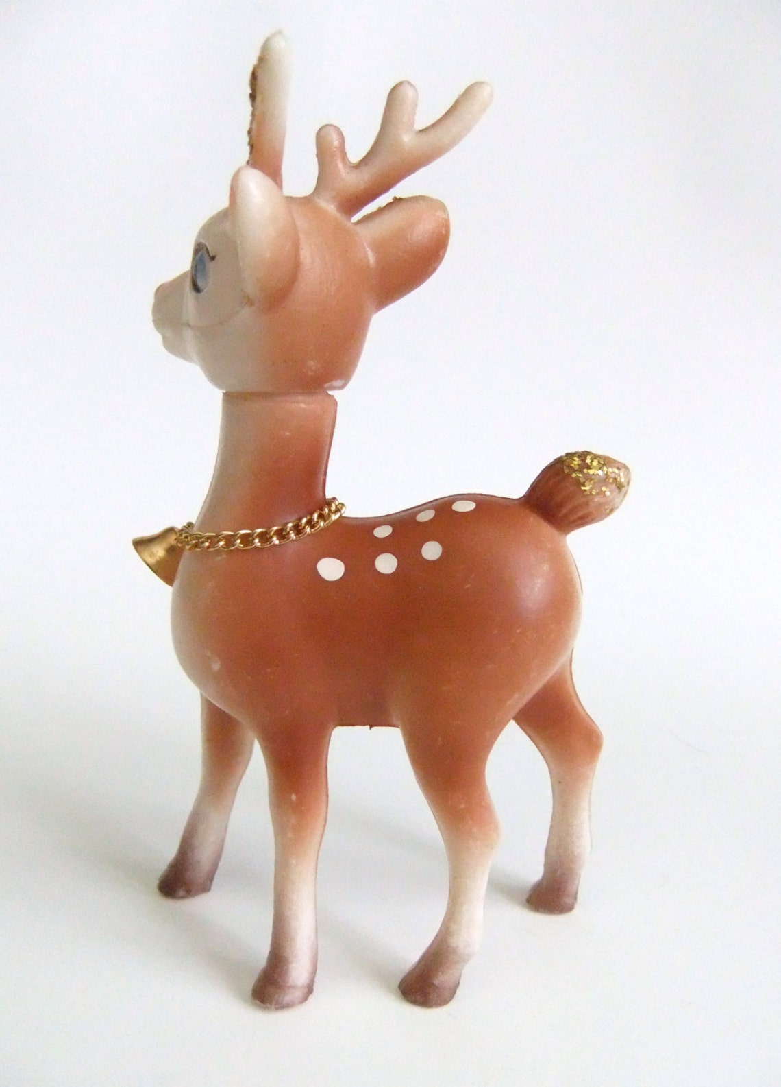 Plastic Reindeer Figurine Gold Bell Glitter White Spots Etsy