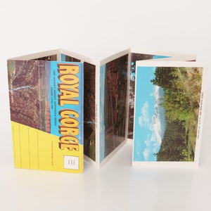 Puede incluir: Un conjunto de postales vintage con vistas panorámicas de Royal Gorge, Colorado. Las postales muestran una cascada, un puente colgante y una cordillera con picos nevados.