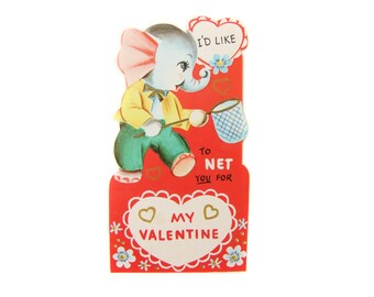 Vintage Elefant Valentinstag, ungebrauchte Valentinskarte, I'd Like to Net you for My Valentine Anthropomorphic Elephant Valentine