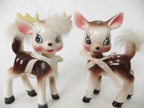 Doe and Buck Commodore Deer Salt and Pepper Shakers Pink and Blue Bows Nursery Decor Fur Tails Kitschy Cute Deer Japan Reindeer