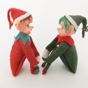 Knee Hugger Elves, Pixie Elf Shelf Sitters, Red & Green Burlap Kneehuggers one with Green Hair, Pixie Elves, Vintage 1950's Christmas Elves image 7
