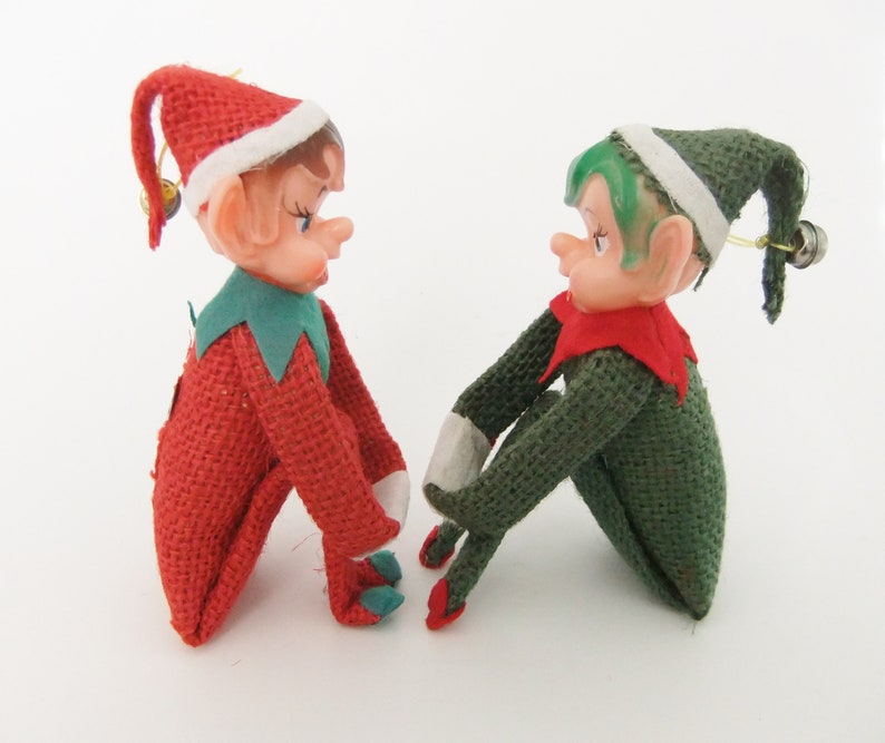Knee Hugger Elves, Pixie Elf Shelf Sitters, Red & Green Burlap Kneehuggers one with Green Hair, Pixie Elves, Vintage 1950's Christmas Elves image 7