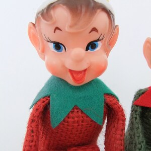 Knee Hugger Elves, Pixie Elf Shelf Sitters, Red & Green Burlap Kneehuggers one with Green Hair, Pixie Elves, Vintage 1950's Christmas Elves image 3