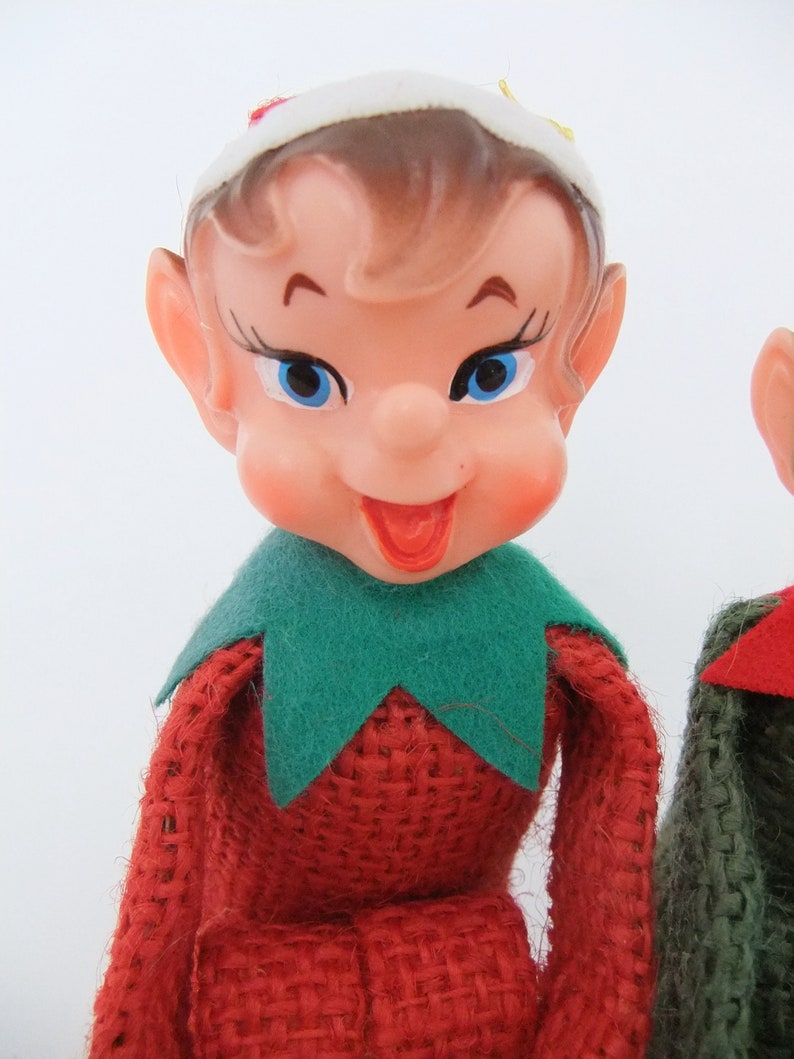 Knee Hugger Elves, Pixie Elf Shelf Sitters, Red & Green Burlap Kneehuggers one with Green Hair, Pixie Elves, Vintage 1950's Christmas Elves image 3