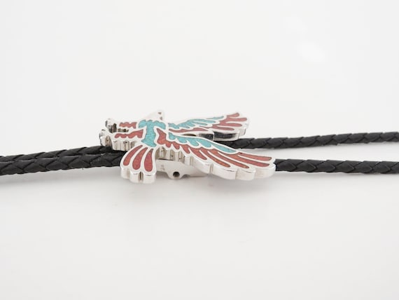 Vintage Eagle Bolo Tie, Silver Tone with Coral an… - image 5