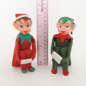 Knee Hugger Elves, Pixie Elf Shelf Sitters, Red & Green Burlap Kneehuggers one with Green Hair, Pixie Elves, Vintage 1950's Christmas Elves image 2