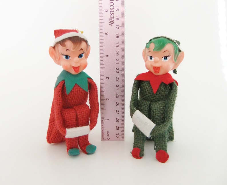 Knee Hugger Elves, Pixie Elf Shelf Sitters, Red & Green Burlap Kneehuggers one with Green Hair, Pixie Elves, Vintage 1950's Christmas Elves image 2