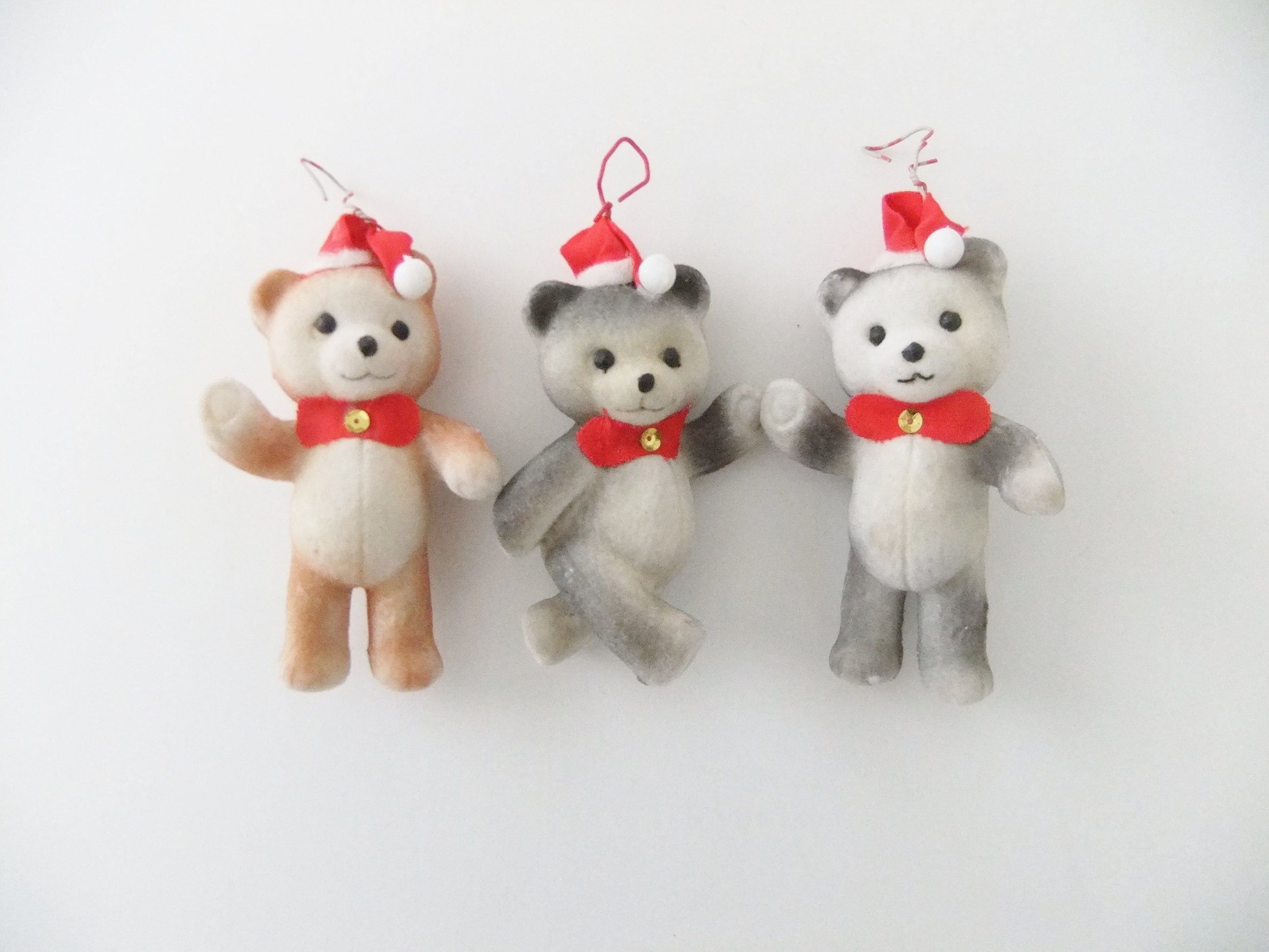 Vintage Flocked Bear Ornaments, Flocked Teddy Bear Figurines, Red Bow Ties, Bear Decorations, Flocked Plastic Bear Christmas Ornaments