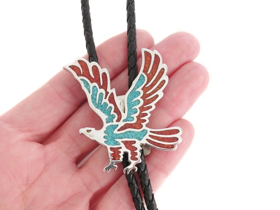 Vintage Eagle Bolo Tie, Silver Tone with Coral an… - image 1