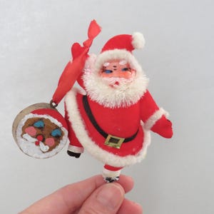Vintage Santa Ornament Pick, Flocked Santa Ornament, Plastic Santa, Waving Dancing Santa Figurine, Christmas Tree Wreath Ornaments