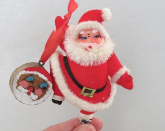 Vintage Santa Ornament Pick, Flocked Santa Ornament, Plastic Santa, Waving Dancing Santa Figurine, Christmas Tree Wreath Ornaments