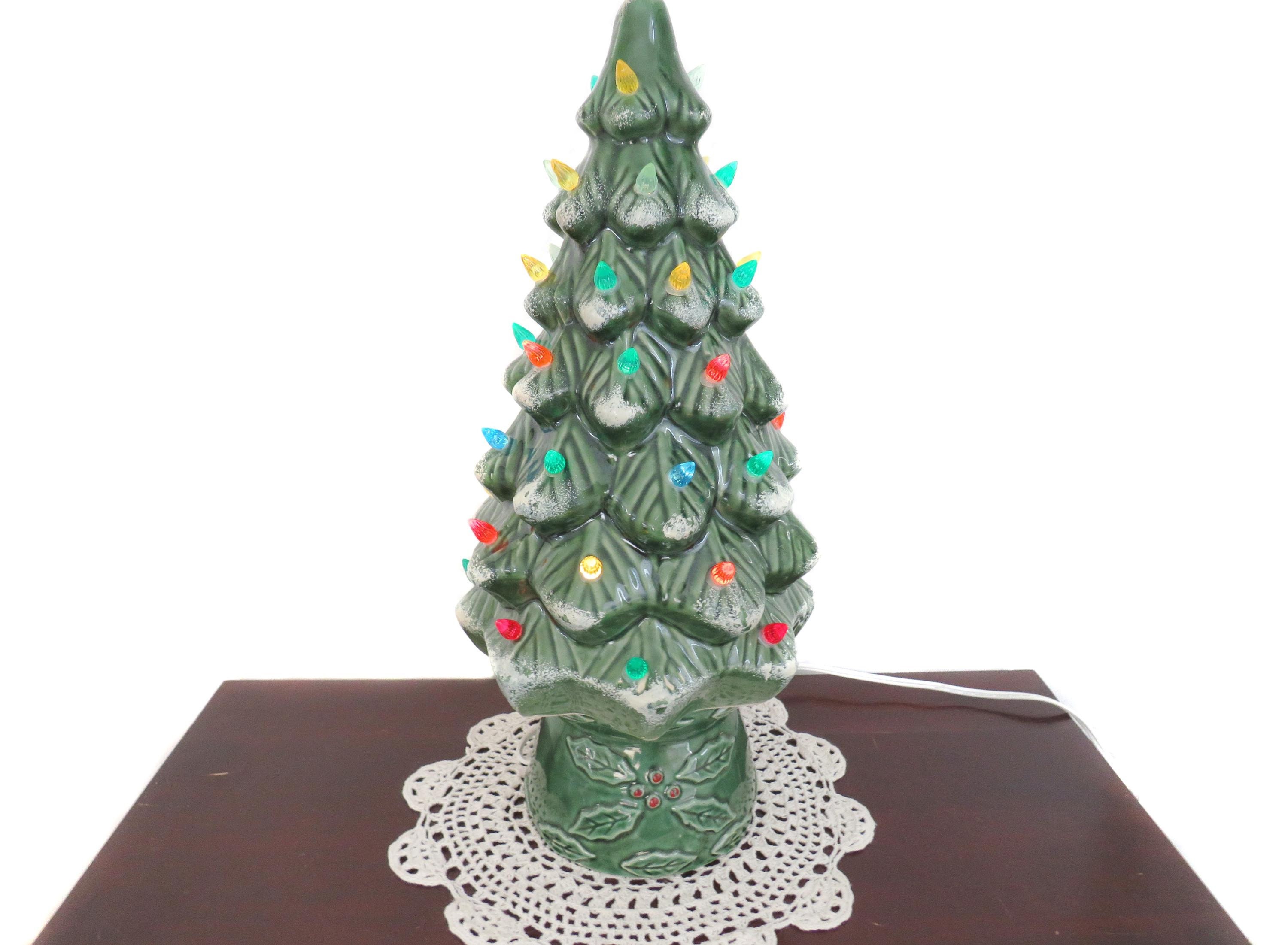 Vintage 17.5" Lighted Ceramic Christmas Tree, Snowy Lighted Christmas Tree, Vintage Lighted Christmas Tree