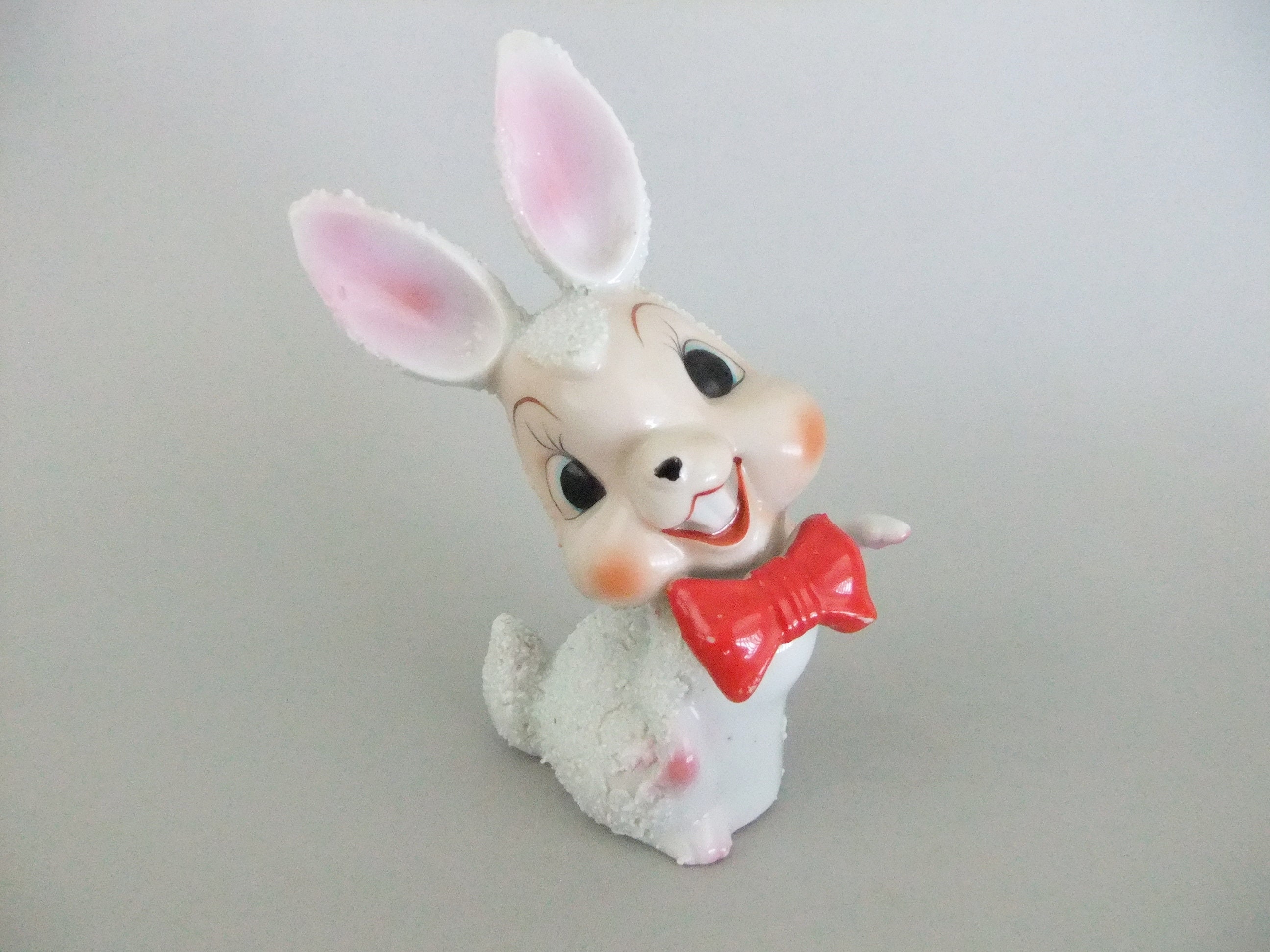 Anthropomorphic Rabbit Figurine 1950's, Red Bow Tie, Kitsch Easter