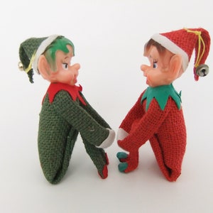Knee Hugger Elves, Pixie Elf Shelf Sitters, Red & Green Burlap Kneehuggers one with Green Hair, Pixie Elves, Vintage 1950's Christmas Elves image 8