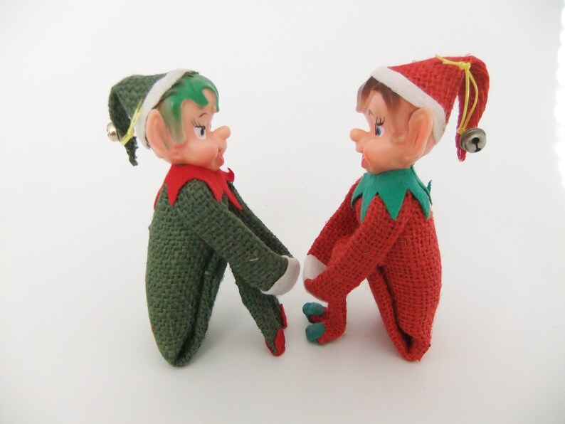 Knee Hugger Elves, Pixie Elf Shelf Sitters, Red & Green Burlap Kneehuggers one with Green Hair, Pixie Elves, Vintage 1950's Christmas Elves image 8
