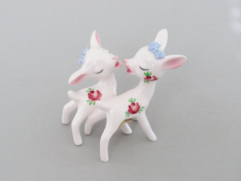 Kissing Deer Salt and Pepper Shakers, Vintage White Japan Deer, Fawn Figurines, Unique Valentine Gift image 1