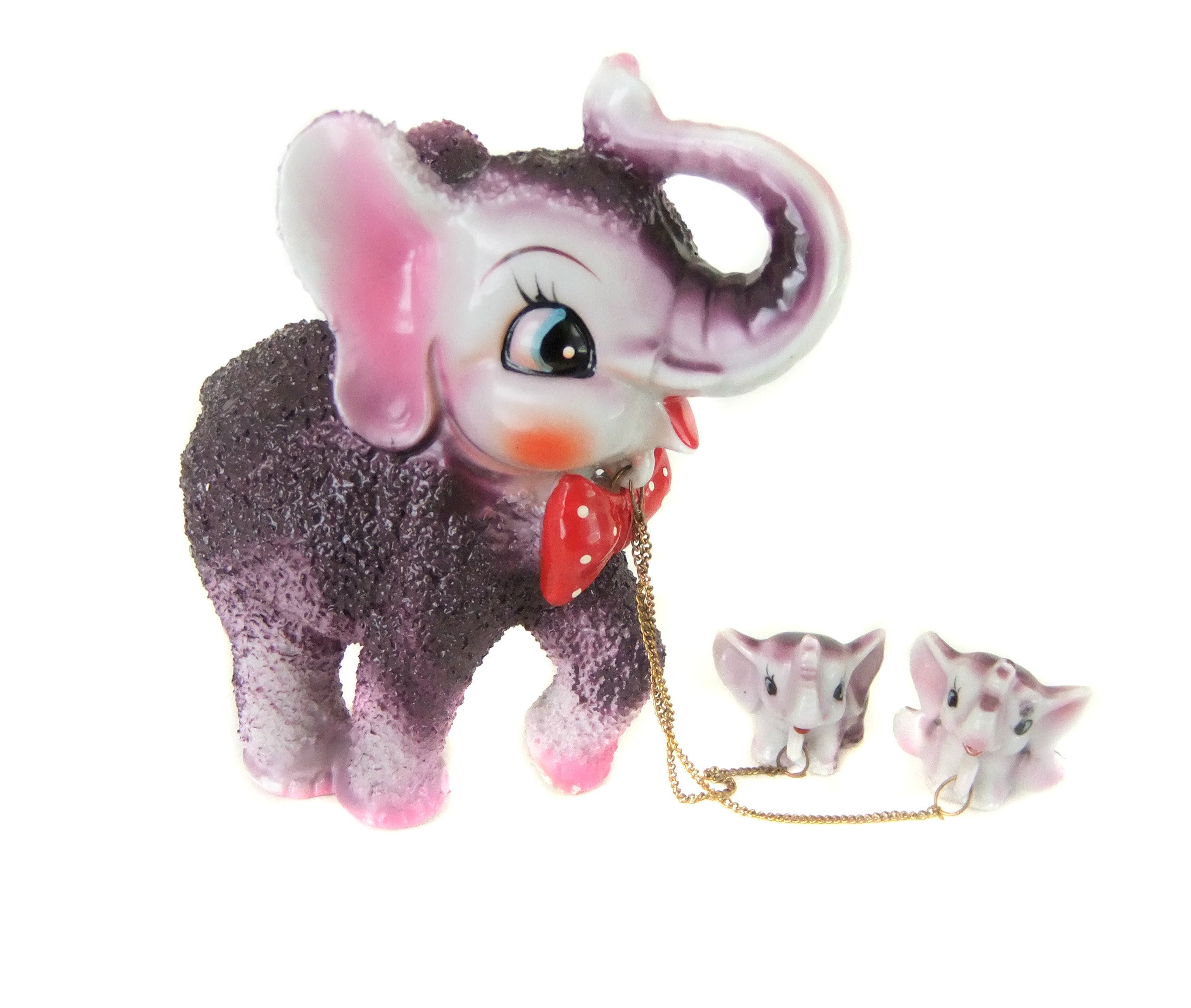 Vintage Elephant Figurines, Mom and Chained Babies Leash, Circus