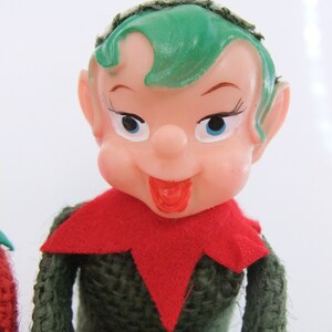 Knee Hugger Elves, Pixie Elf Shelf Sitters, Red & Green Burlap Kneehuggers one with Green Hair, Pixie Elves, Vintage 1950's Christmas Elves image 4