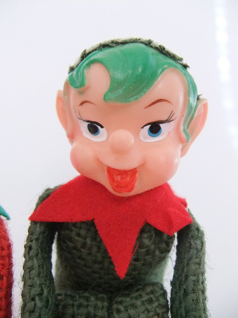 Knee Hugger Elves, Pixie Elf Shelf Sitters, Red & Green Burlap Kneehuggers one with Green Hair, Pixie Elves, Vintage 1950's Christmas Elves image 4