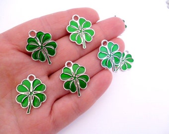Enamel Silver Tone Green Small clover charm pendant/PP01652072014_Silver Charms_Clover talisman  of 25 mm/98" _ pack 3 pcs