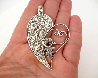 Grand charme ton argent Pendant_NAC0837/2352_Large argent coeur fille de 65 mm _ pack 2 pcs