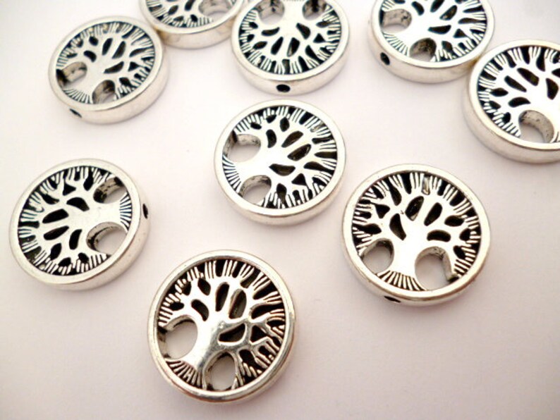 Silver Tone Round Flat Metal beads/_ PP57444586624/_Round Tree beads of 17x3 mm /_ hole 1,8 mm /_ pack 5 pcs
