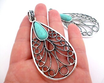 Large Silver Tone Drop Charm Pendant_PA001402156_Large Filigree Pendant Blue Stone_Drop of 70x38 mm_pack 1 pcs