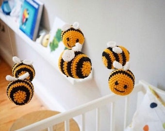 Crocheted bee bee bumblebee mobile