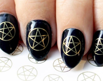 PENTACLES Water Transfer Decals Nail Art 31 Metallic Gold Waterslide Transfer Decal Stickers. Pentagram Decals, Witch symbol Nails, Wiccan