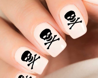Pirate SKULLS Nail Decals | 37 BLACK Waterslide Skull and Crossbones Nail Art | POISON | Pirate Flag | White Halloween Nails Water Transfers