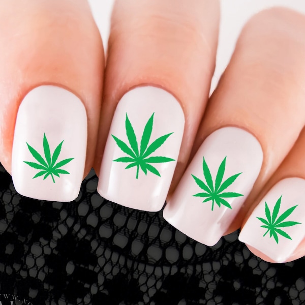 Pot Nail Decals | 62 Green OPAQUE Waterslide Transfers | Marijuana Nail Decal, Pot Leaves Leaf NailArt | Hippy Smoker Toker Stoner 420 Party