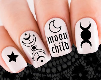 MOON CHILD Nail Decals | BLACK Stars and Moons Celestial Nail Art Waterslide | Triple Moons | Witchy Nail Art | Water Transfers not Stickers