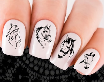 HORSE Nail Decals | 48 Black Horses DRAWINGS Waterslide Transfer Nail Art | I Heart Horses | Horse Mom | Horse Show | Pet | Black Beauty