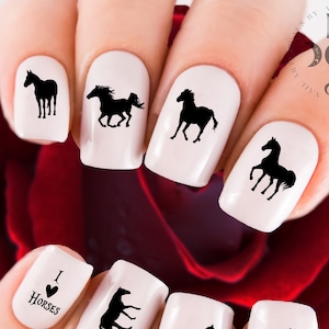 HORSE Nail Decals | 48 BLACK Horses SILHOUETTES Waterslide Transfer Nail Art | I Heart Horses | Horse Mom | Horse Racer | Pet Horse | White