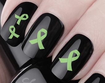 Green RIBBONS Nail Decal | 48 Waterslide Transfers | Mental Health Awareness Ribbon | Cancer | Environmental Nail Art - Not Stickers or Viny