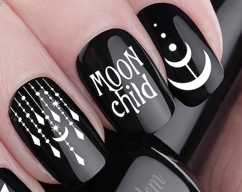 MOON CHILD Nail Decals | WHITE Stars and Moons Celestial Nail Art Waterslide | Triple Moons | Witchy Nail Art | Water Transfers not Stickers