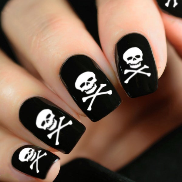 Pirate SKULLS Nail Decals | 37 WHITE Waterslide Skull and Crossbones Nail Art | POISON | Pirate Flag | Black Halloween Nails Water Transfers