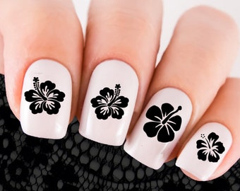 HIBISCUS Nail Decals | 65 Blossoms MEGAPACK | Summer Nails | Black or White | Vacation Nails | Kawaii Tropical Nail art Waterslide Transfers