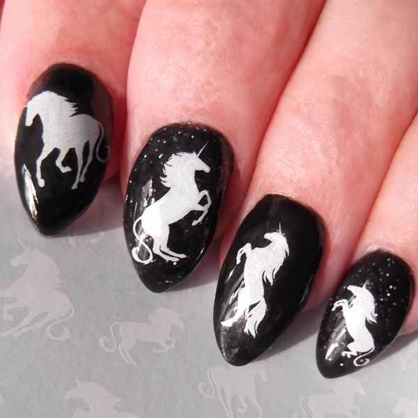 UNICORN Nail Art Decals | 48 Unicorns Water Slide Transfers | Black or White - Waterslide decals not Stickers Fantasy Creature Nails Horses