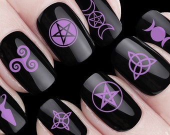 WICCAN Nail Decals | 57 PURPLE Waterslide Symbols | Occult, Pentacle, Pentagram, Triquetra, Goddess, Witch Knot, Triskelle, Witchy Nail Art