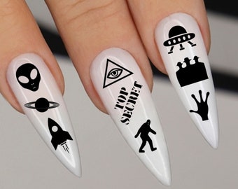 ALIEN ILLUMINATI Nail Art Decals | Conspiracy Theory Water Nail Wrap Transfers | Alien UFO's | Waterslide Transfer Decals Not Stickers Sale