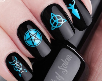 WICCAN Nail Decals | 57 Metallic Blue Waterslide Symbols | Pentacle, Pentagram, Triquetra, Goddess, Witch Knot, Triskelle, Witchy Nail Art