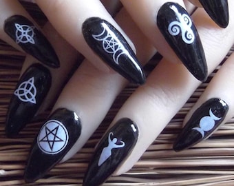 WICCAN Symbols Nail Decals | MEGAPACK 57 Waterslide | White Pentacle, Pentagram, Triquetra, Goddess, Witch Knot, Triskelle, Halloween Witch